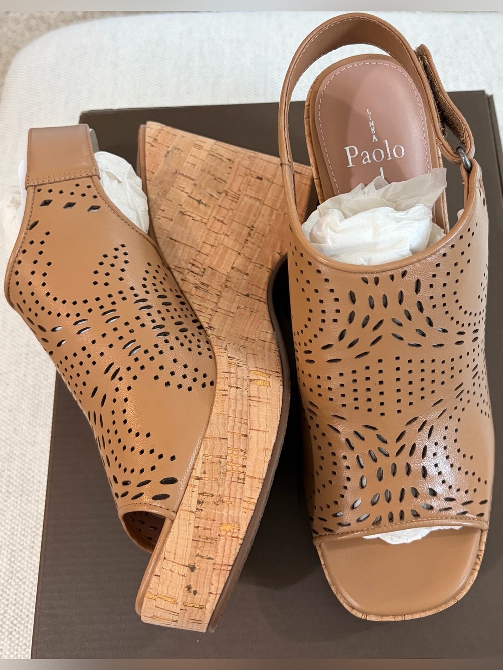 NIB SZ 9 Linea Paolo Tan Viviana Camel Nappa Cork Wedge Slingback Sandals